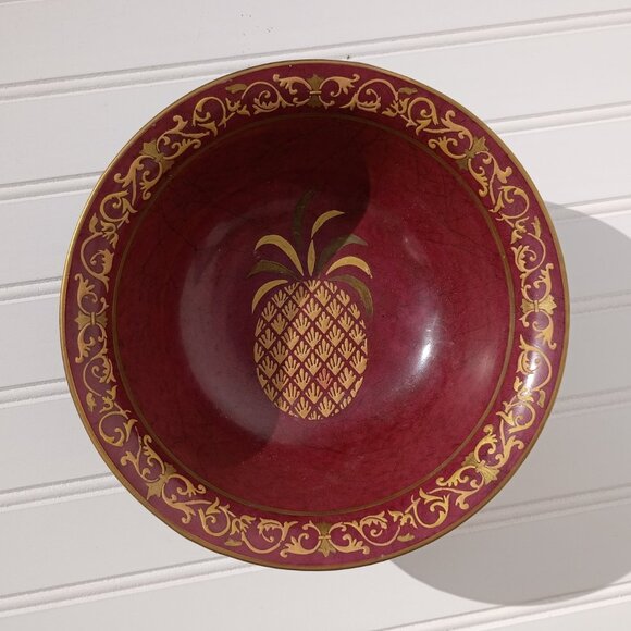 Andrea by Sadek Decorative Pineapple Bowl Gold and Maroon Embossed Scroll Trim - Picture 11 of 12